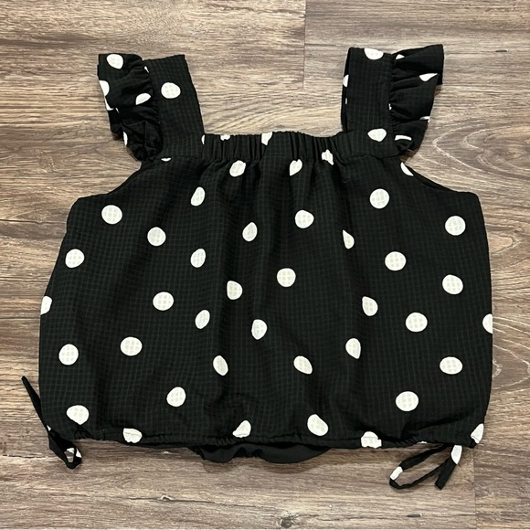 Scoop Women's Flutter Sleeve Black White Polka Dot Top with Tie Hem Size Large - Picture 7 of 9